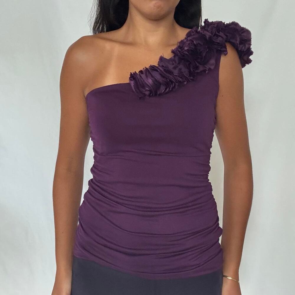 Y2k 2000s Deep Plum Purple One Shoulder Top Charming Charlie Ruffle Medium